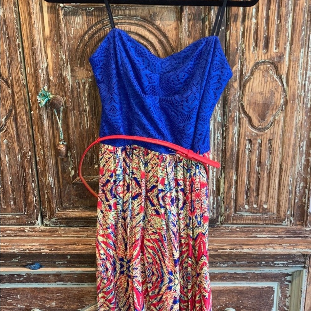 City Triangles Dress with Blue Lace and Multicolor Skirt
